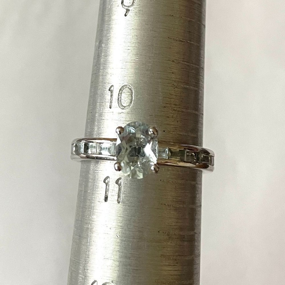Sterling Silver Oval Aquamarine Ring with Baguette Accents Size 10.5